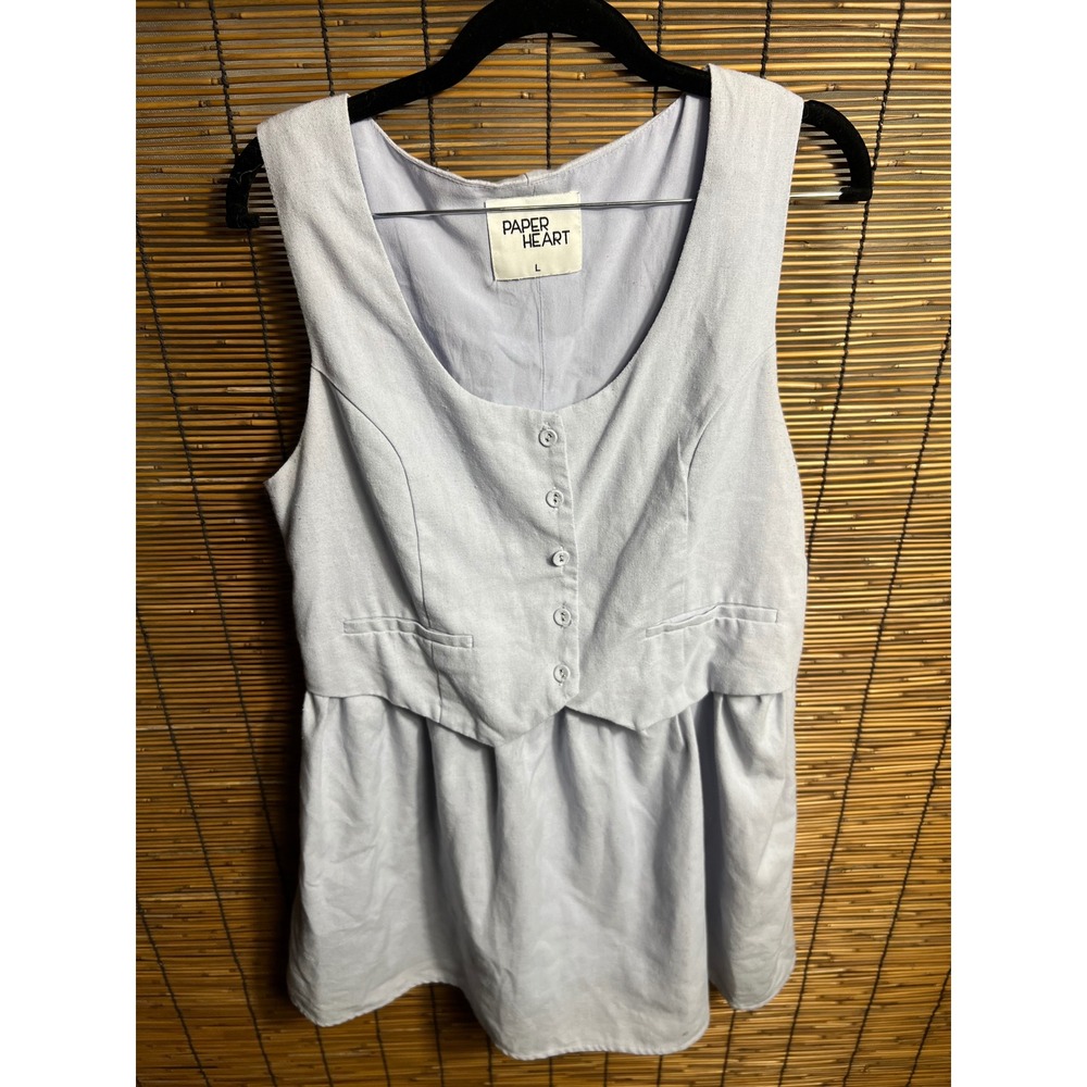 Paper Heart Light Blue Linen Blend Button Front Tie Back Mini Dress Large